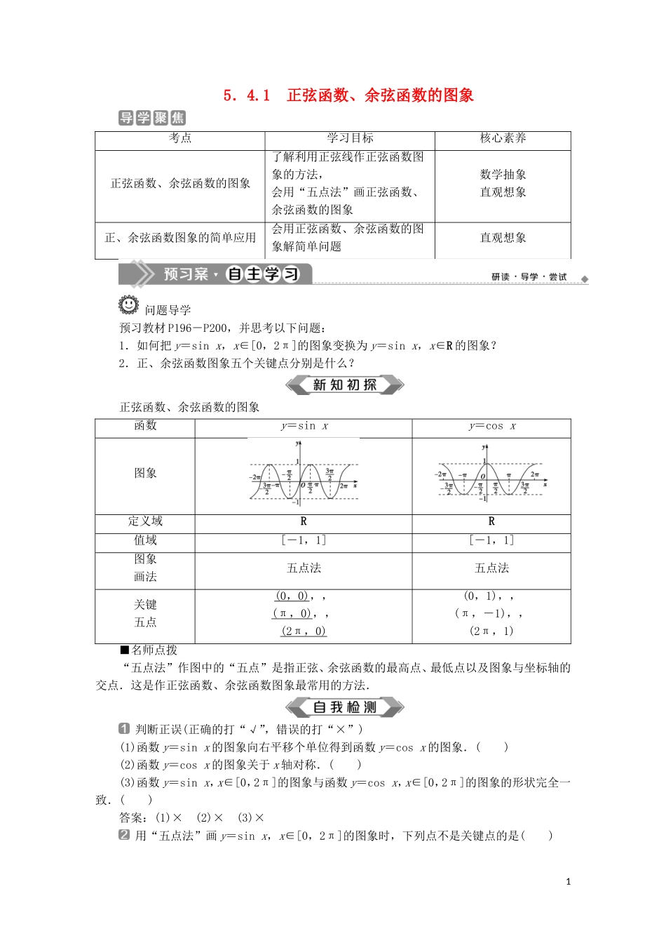 高中数学 第五章 三角函数 5.4.1 正弦函数、余弦函数的图象教师用书 新人教A版必修第一册-新人教A版高一第一册数学教案_第1页