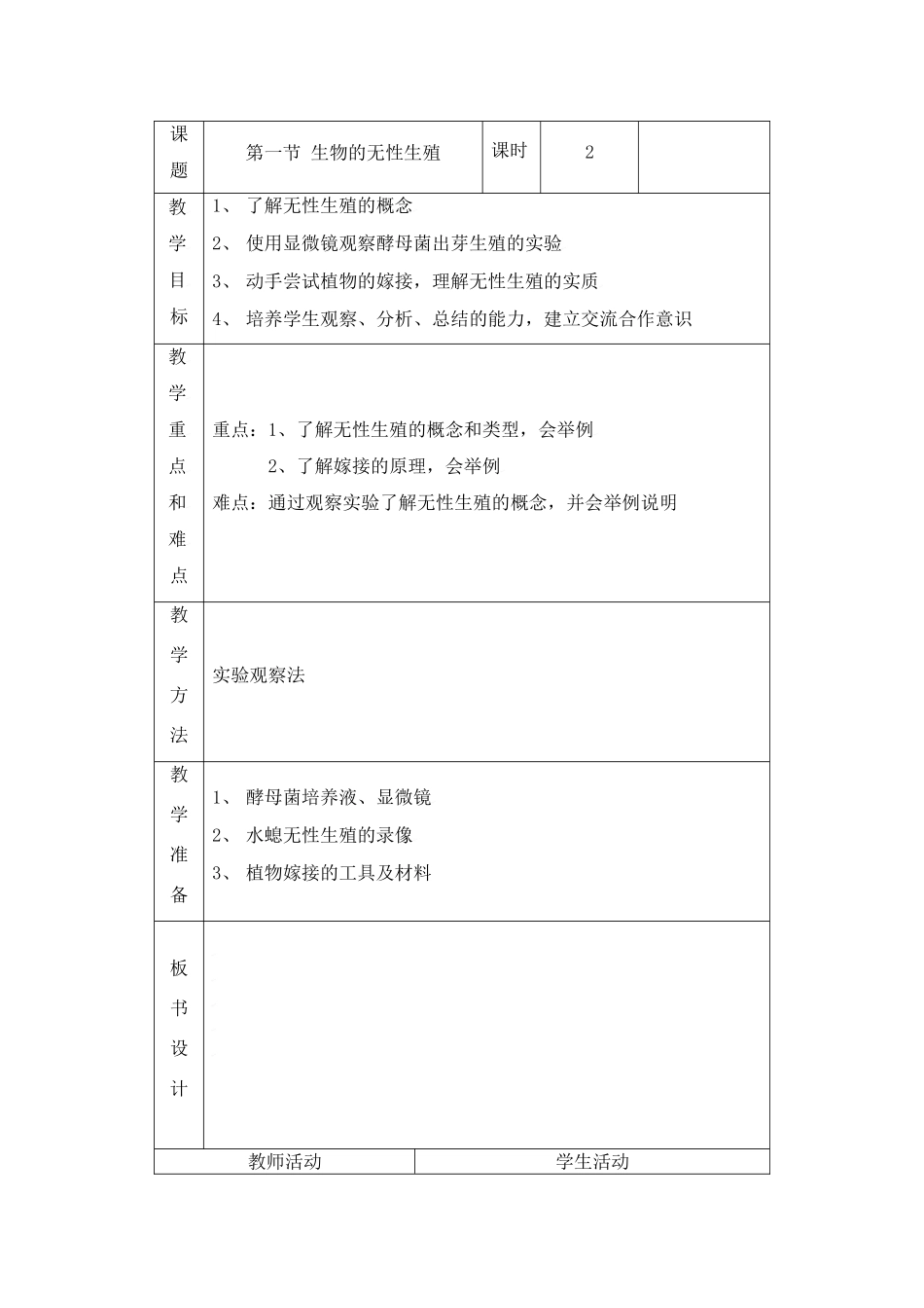 生物：第14章第一节 生物的无性生殖 教案（苏教版八年级上）_第1页