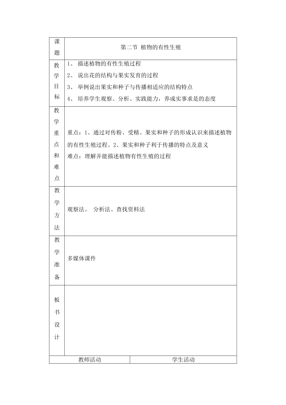 生物：第14章第二节 植物的有性生殖 教案（苏教版八年级上）_第1页