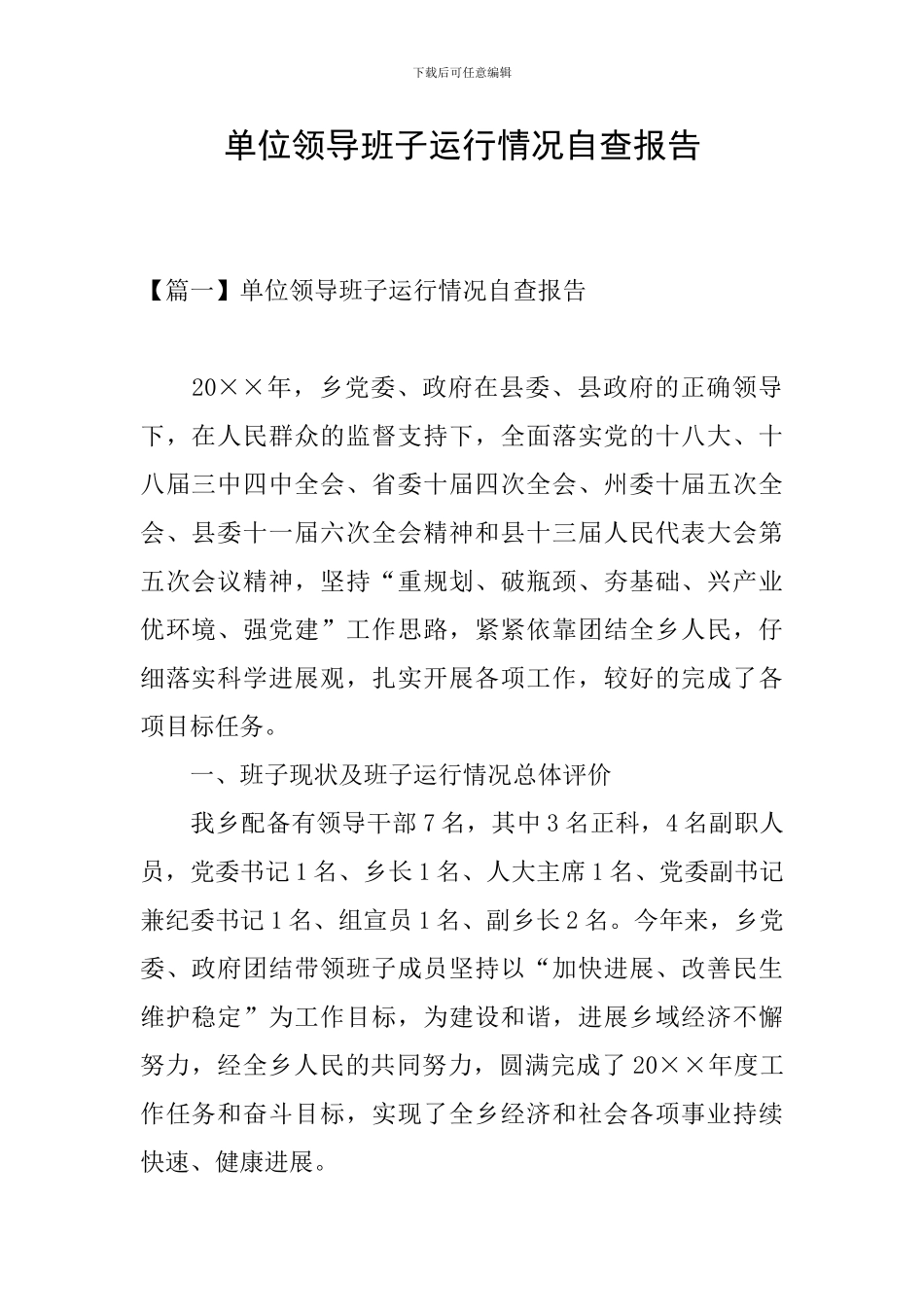 单位领导班子运行情况自查报告_第1页