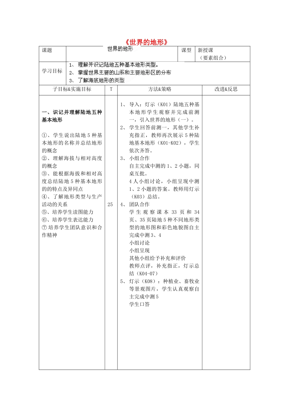 湖南省长沙市麓山国际实验学校2014-2015学年七年级地理上册 第2章 第3节《世界的地形》教案（世界的地形） 湘教版_第1页