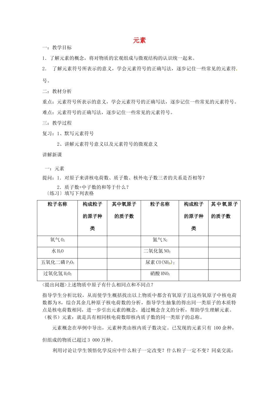 湖南省长沙市第三十二中学2011-2012学年八年级化学 课题2 元素教学设计 人教新课标版_第1页