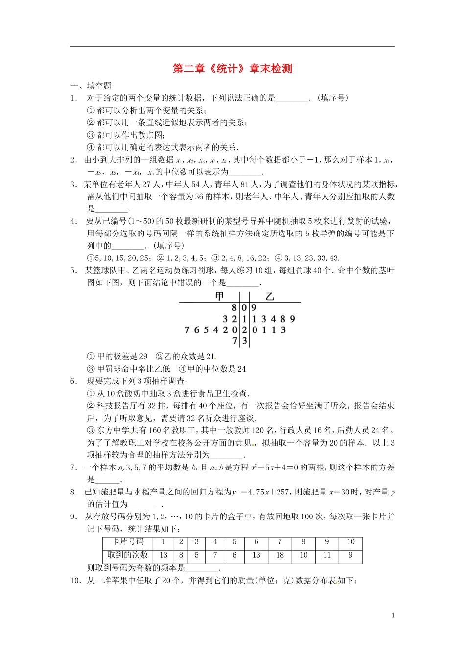 高中数学 第二章《统计》章末检测 苏教版必修3_第1页