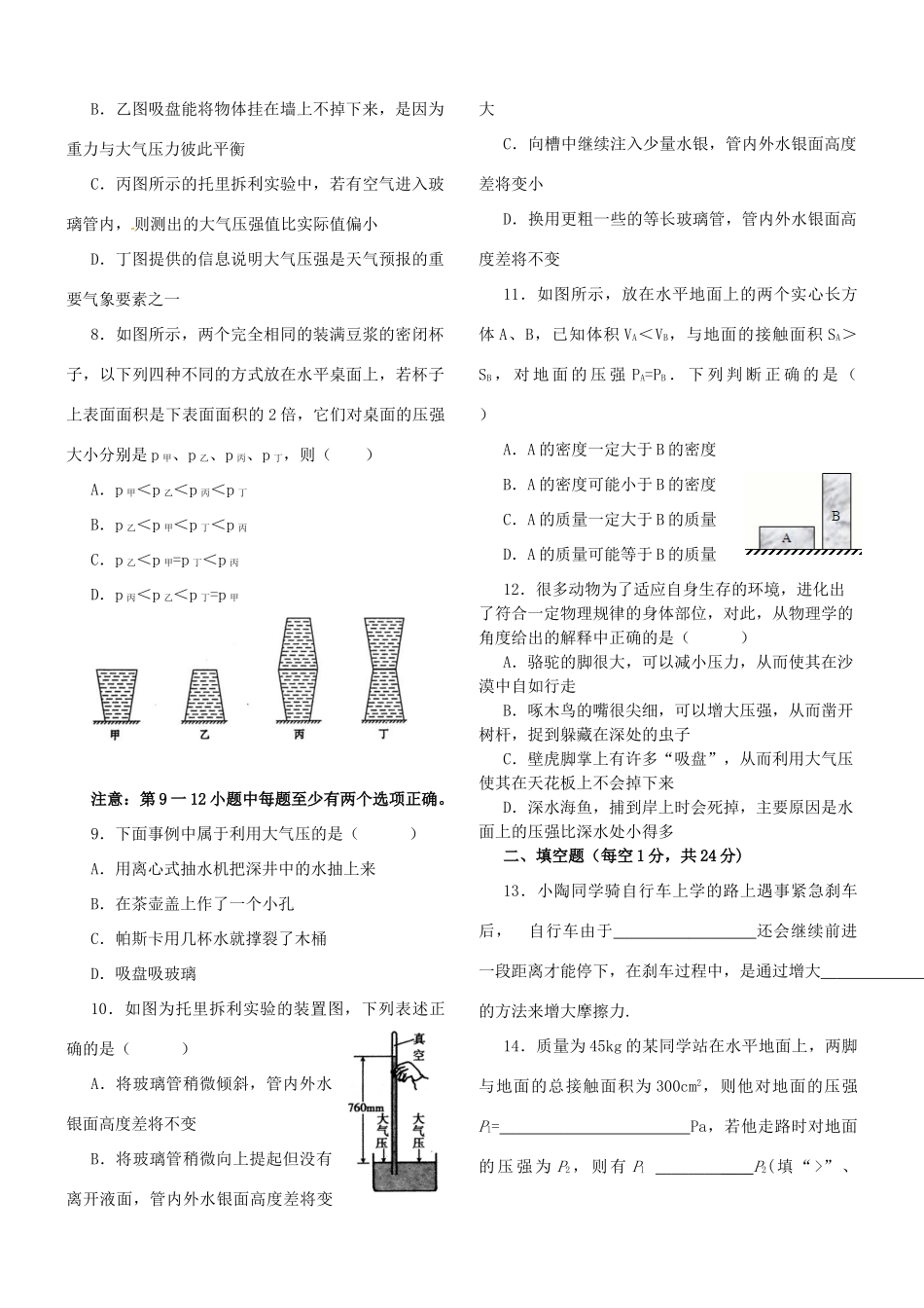 湖南省邵阳县黄亭市镇中学八年级物理下册 9 压强综合测试题 （新版）新人教版_第2页