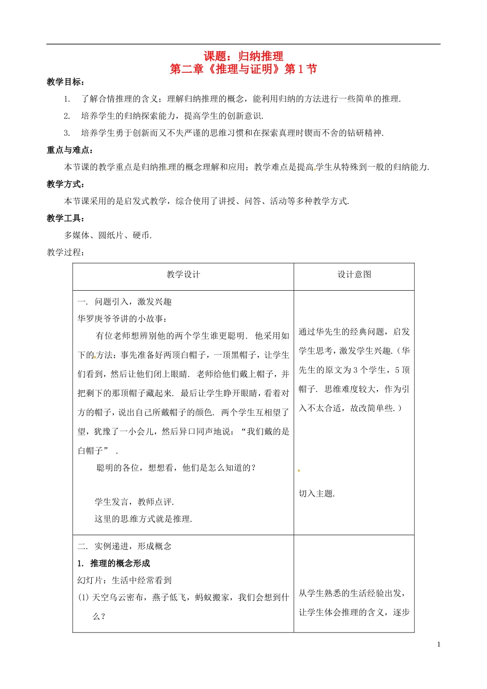 高中数学 第二章《推理与证明》第1节教学设计 苏教版选修1-2-苏教版高二选修1-2数学教案_第1页