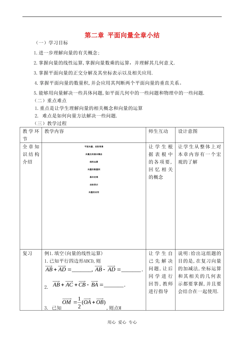 高中数学 第二章《平面向量全章小结》教案人教版必修4_第1页