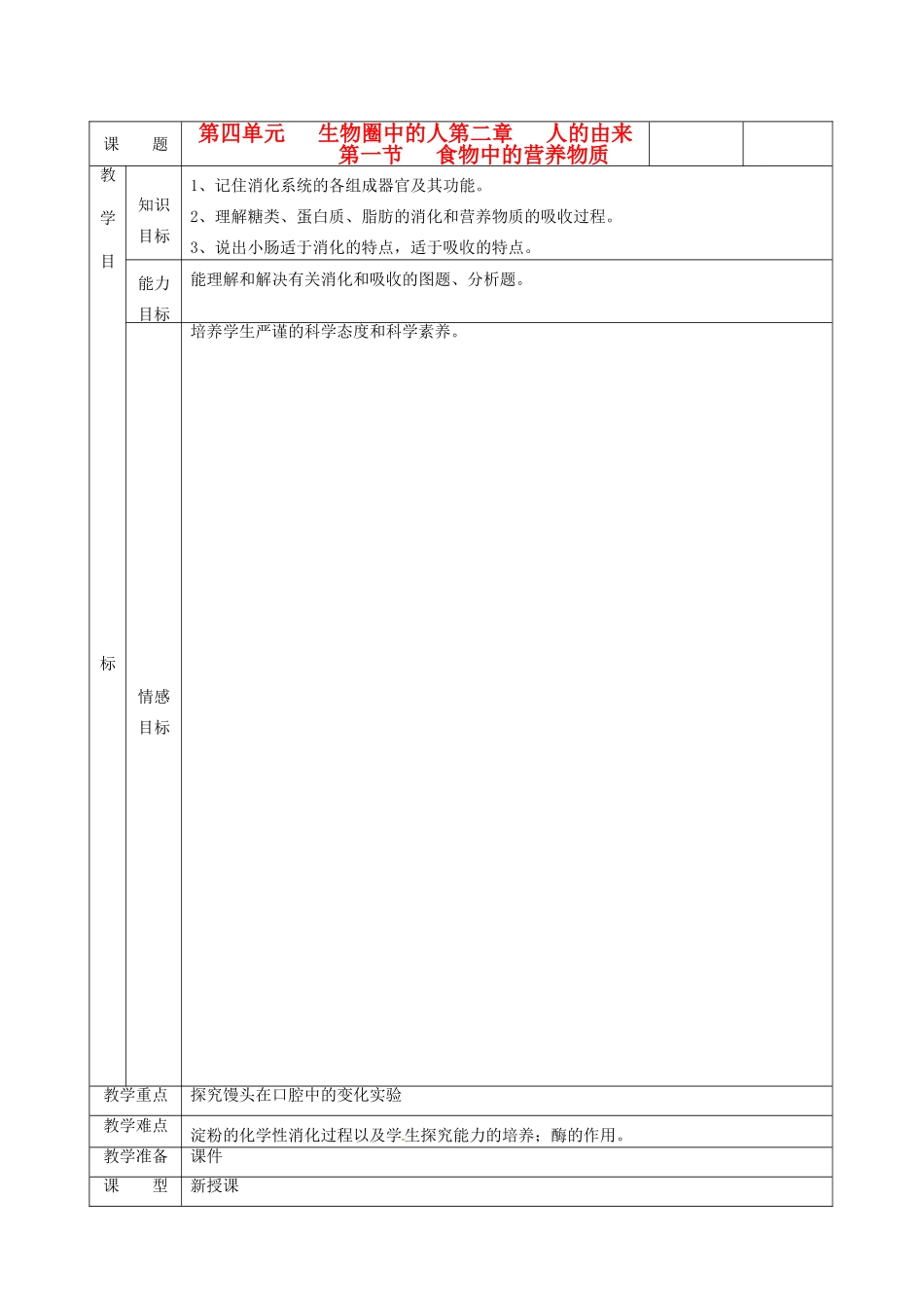 湖南省茶陵县世纪星实验学校七年级生物《食物中的营养物质》教案 人教新课标版_第1页
