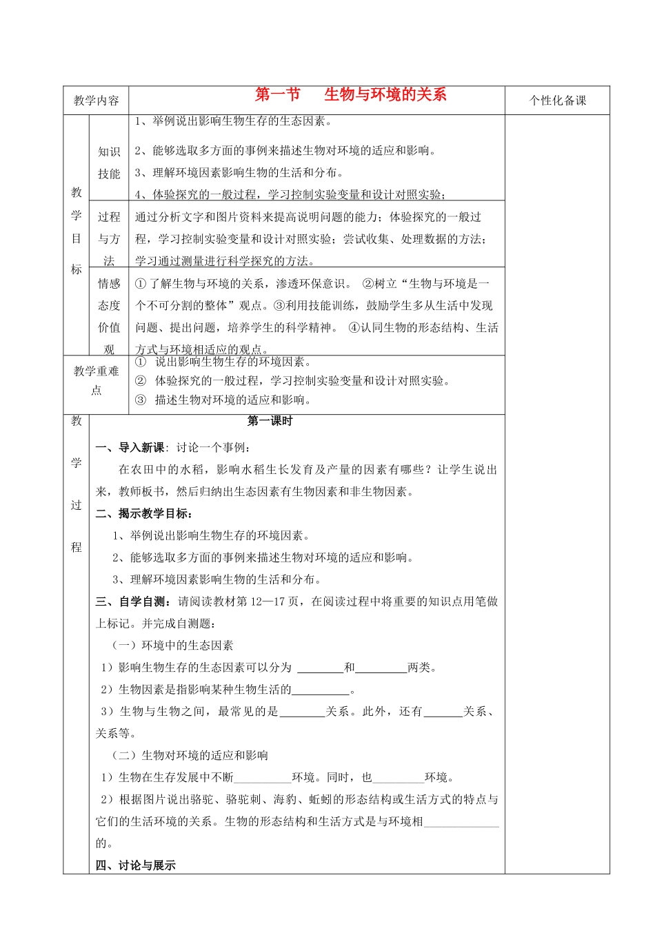 湖南省茶陵县世纪星实验学校七年级生物《第二章第一节生物与环境的关系》教案_第1页