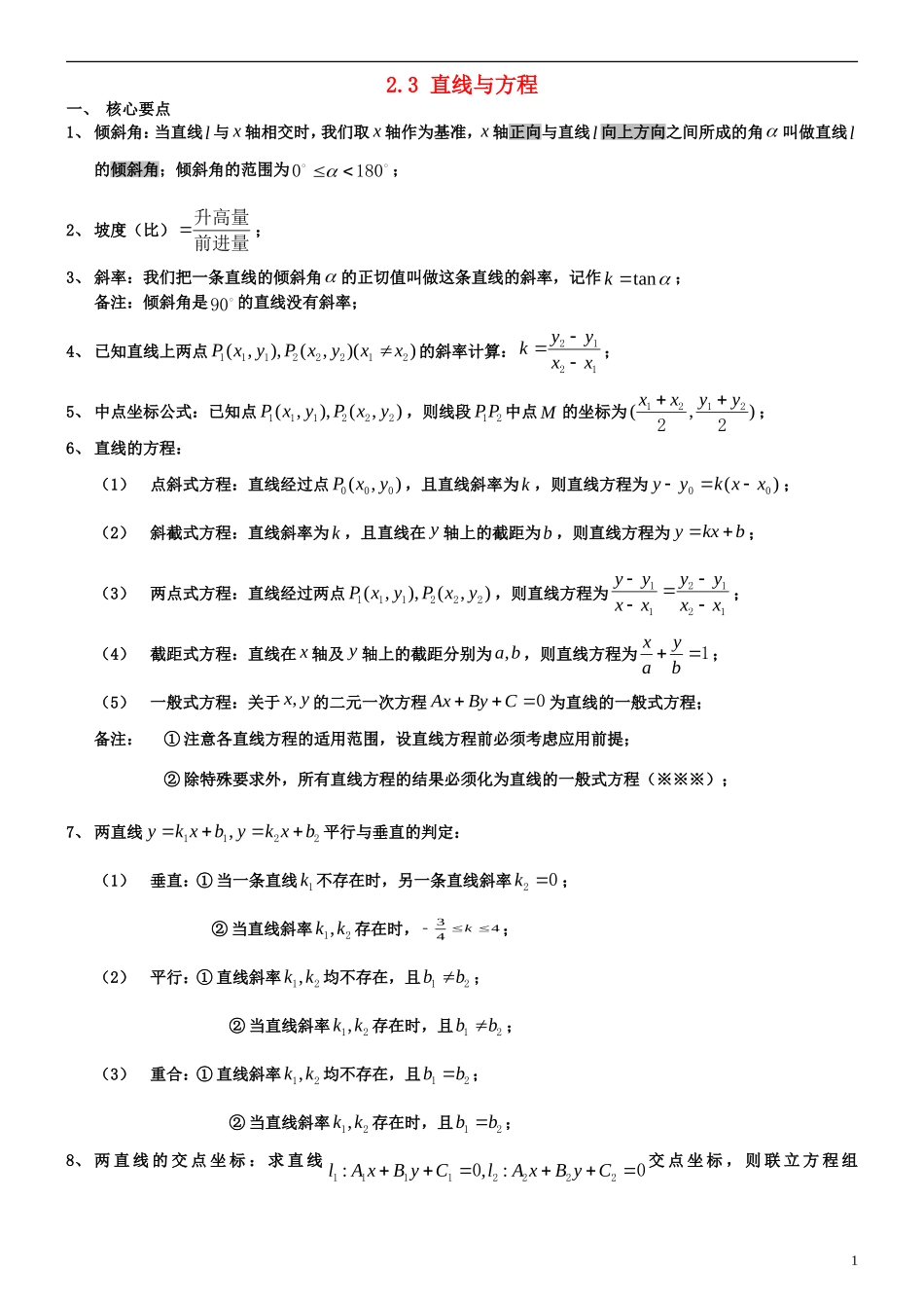 高中数学 第二章 点、直线、平面之间的位置关系 2.3 直线与方程复习教案 新人教A版必修2-新人教A版高一必修2数学教案_第1页