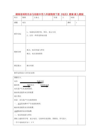 湖南省浏阳市赤马初级中学八年级物理下册《电压》教案 新人教版