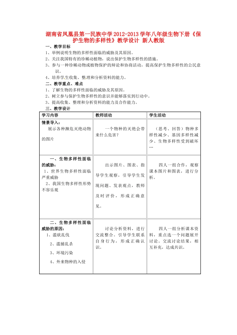 湖南省凤凰县第一民族中学2012-2013学年八年级生物下册《保护生物的多样性》教学设计 新人教版_第1页