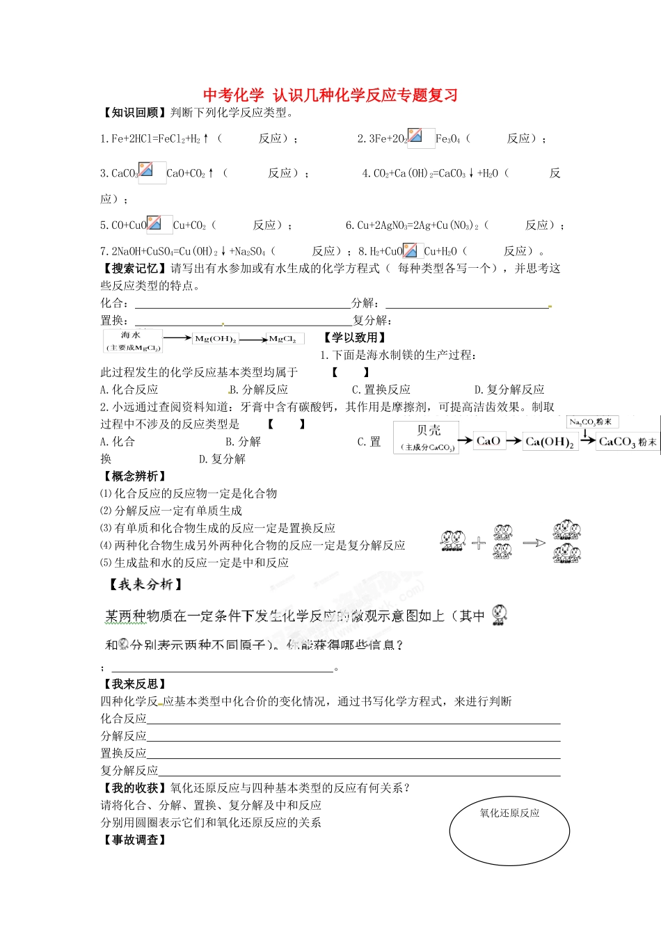 湖南省双峰县花门镇第一中学2014中考化学 认识几种化学反应专题复习教案 新人教版_第1页