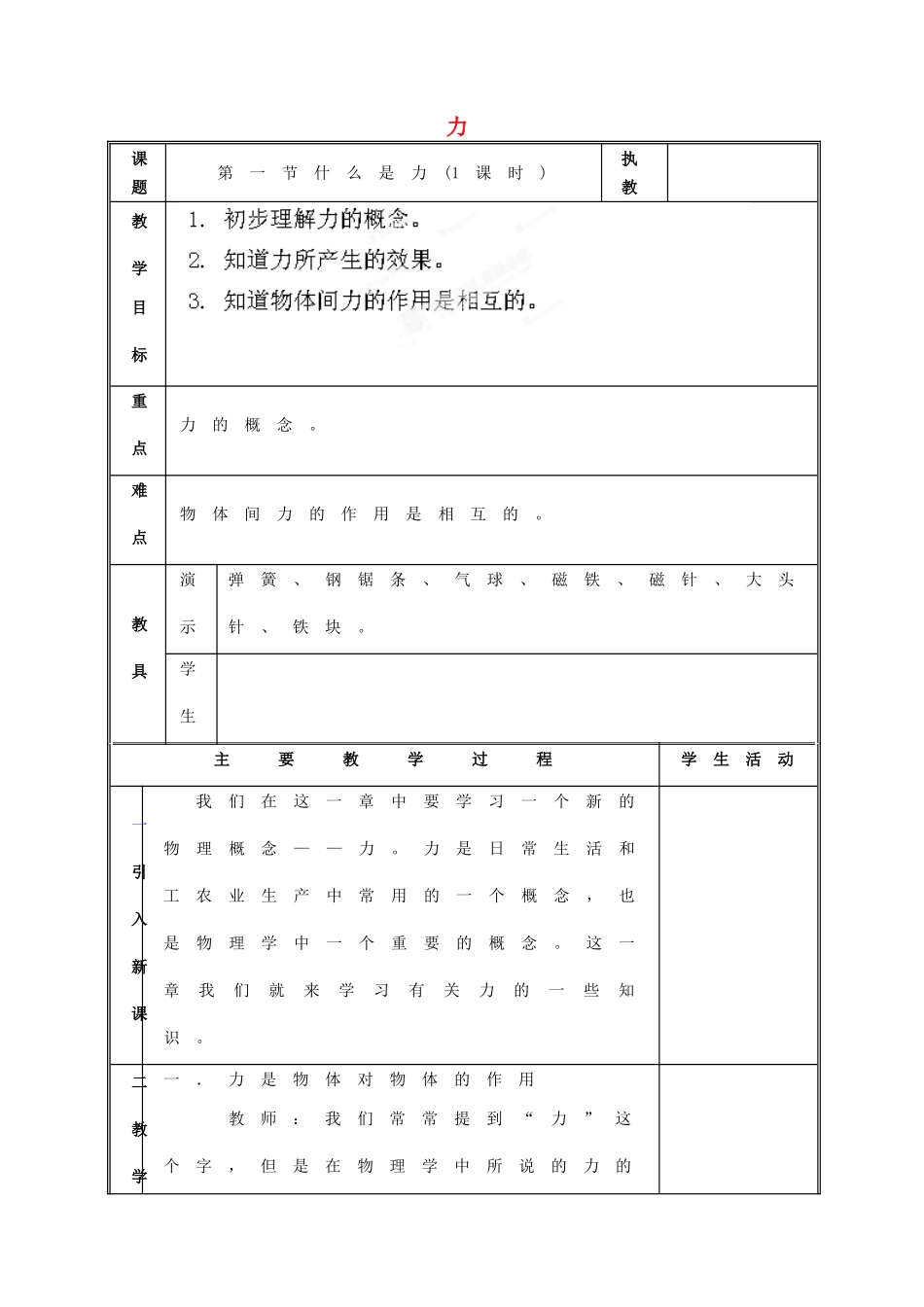 江西省吉安县凤凰中学八年级物理上册 力教案_第1页