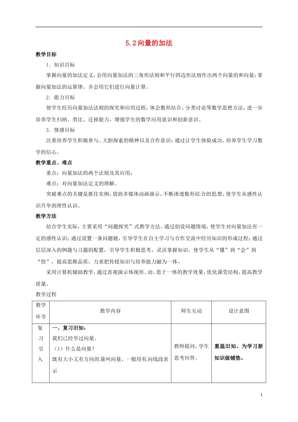 高中数学 第二章 平面向量 2.2.1 向量加法运算及其几何意义教学设计2 新人教A版必修4-新人教A版高一必修4数学教案_第1页