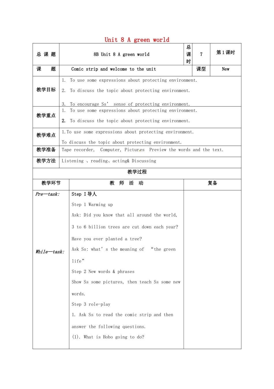 江苏省高邮市车逻镇八年级英语下册 Unit 8 A green world教案 （新版）牛津版-（新版）牛津版初中八年级下册英语教案_第1页