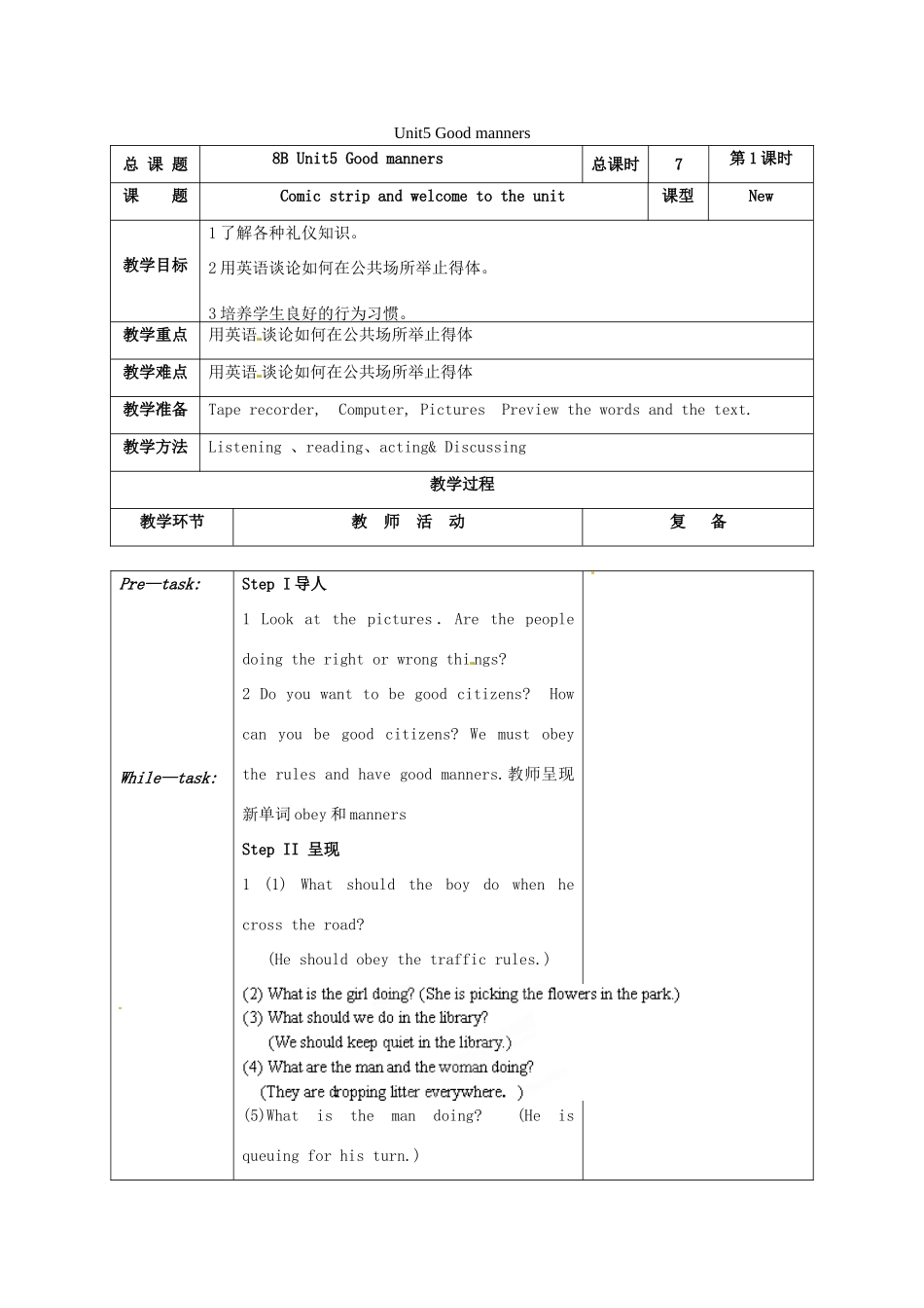 江苏省高邮市车逻镇八年级英语下册 Unit 5 Good manners教案 （新版）牛津版-（新版）牛津版初中八年级下册英语教案_第1页