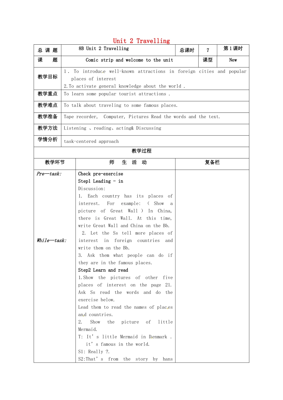 江苏省高邮市车逻镇八年级英语下册 Unit 2 Travelling教案 （新版）牛津版-（新版）牛津版初中八年级下册英语教案_第1页