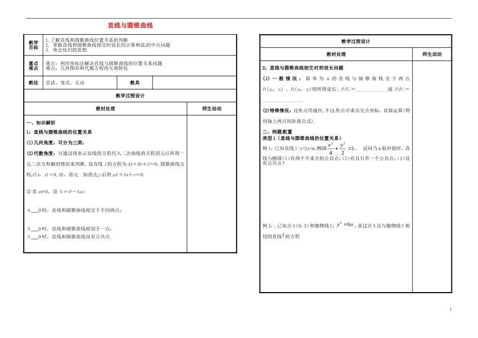 高中数学 第二章 圆锥曲线与方程 2.5 直线与圆锥曲线教案 新人教B版选修2-1-新人教B版高二选修2-1数学教案_第1页