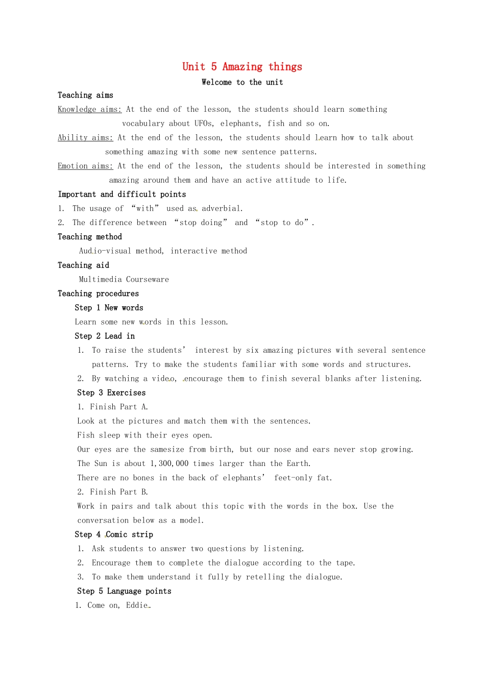 江苏省镇江市丹徒区七年级英语下册《Unit 5 Amazing things》教案（1）（新版）牛津版-（新版）牛津版初中七年级下册英语教案_第1页