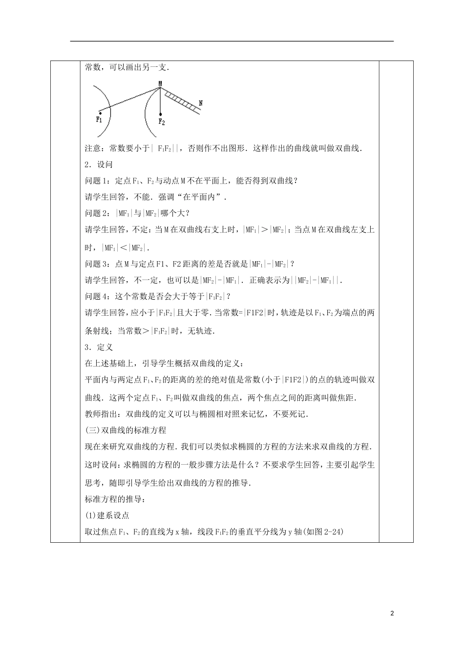 高中数学 第二章 圆锥曲线与方程 2.3.1 双曲线及其标准方程教案 新人教A版选修1-1-新人教A版高二选修1-1数学教案_第2页