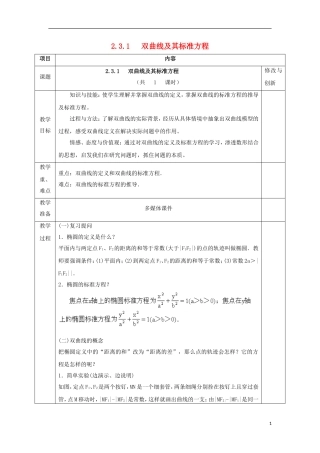 高中数学 第二章 圆锥曲线与方程 2.3.1 双曲线及其标准方程教案 新人教A版选修1-1-新人教A版高二选修1-1数学教案