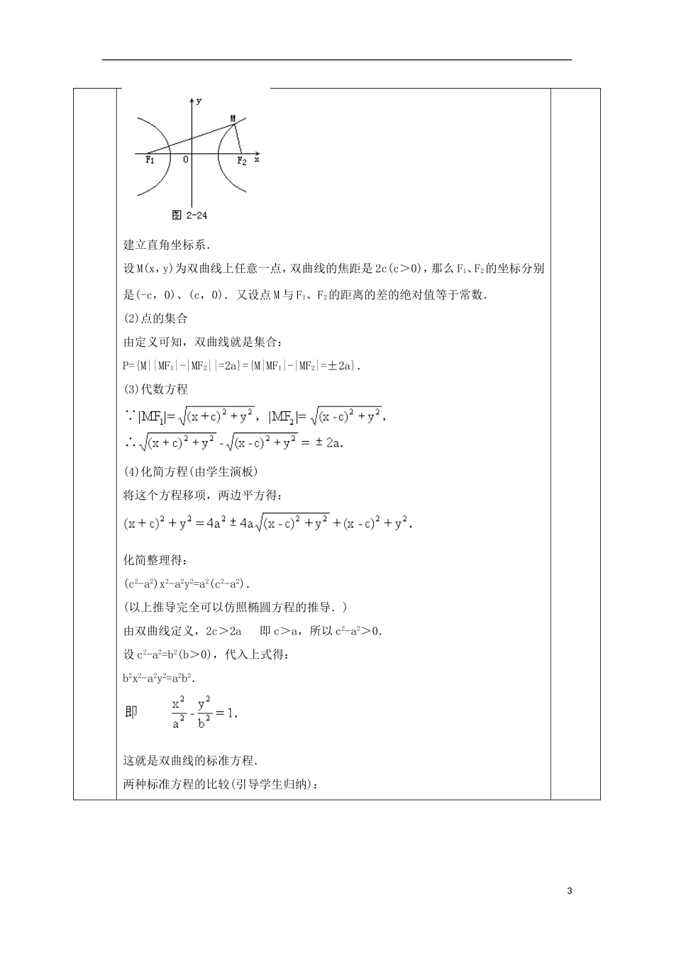 高中数学 第二章 圆锥曲线与方程 2.3.1 双曲线及其标准方程教案 文 新人教A版选修2-1-新人教A版高二选修2-1数学教案_第3页