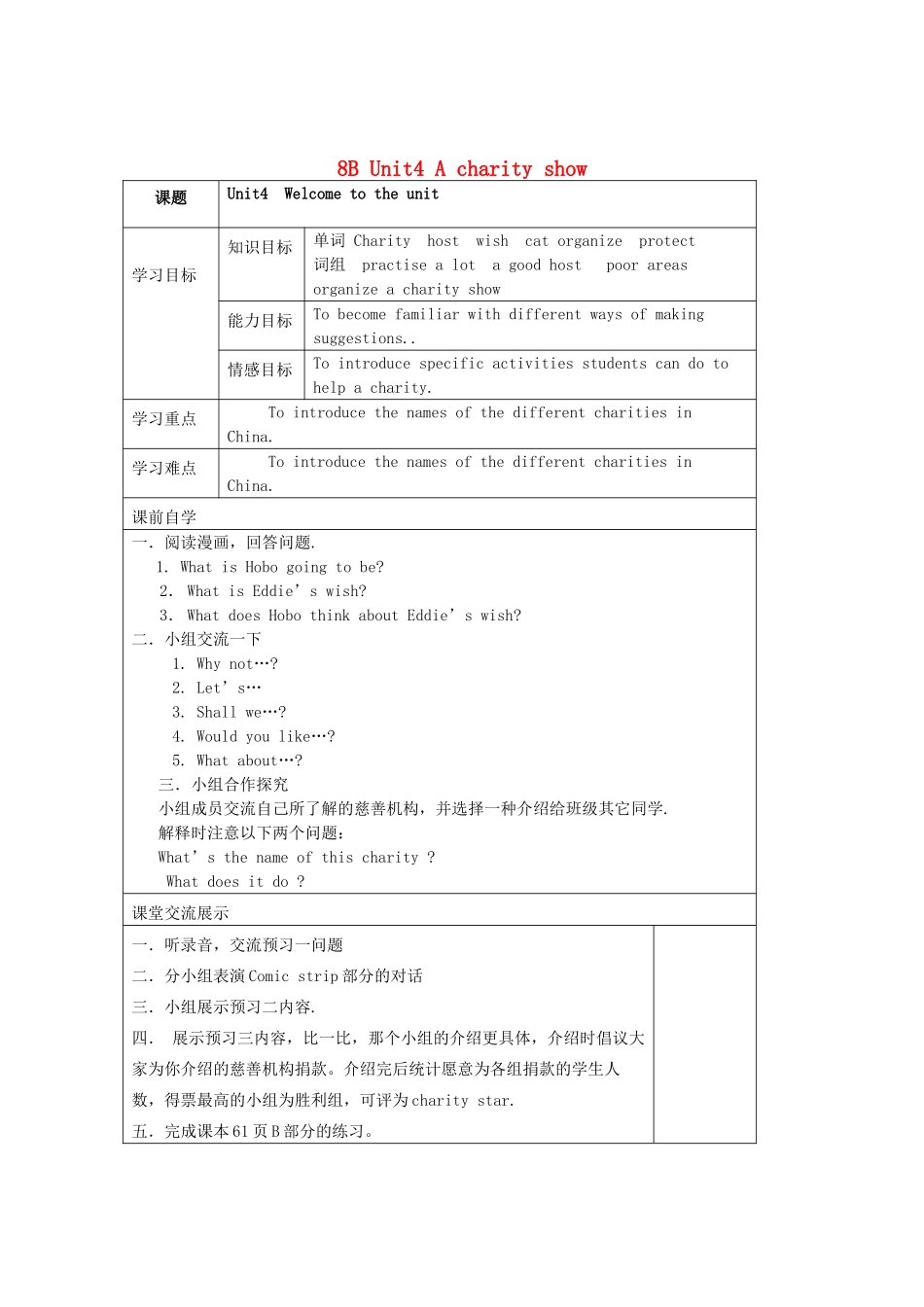 江苏省连云港灌云县龙苴中学八年级英语下册 Unit 4 A charity show 教案 牛津版_第1页