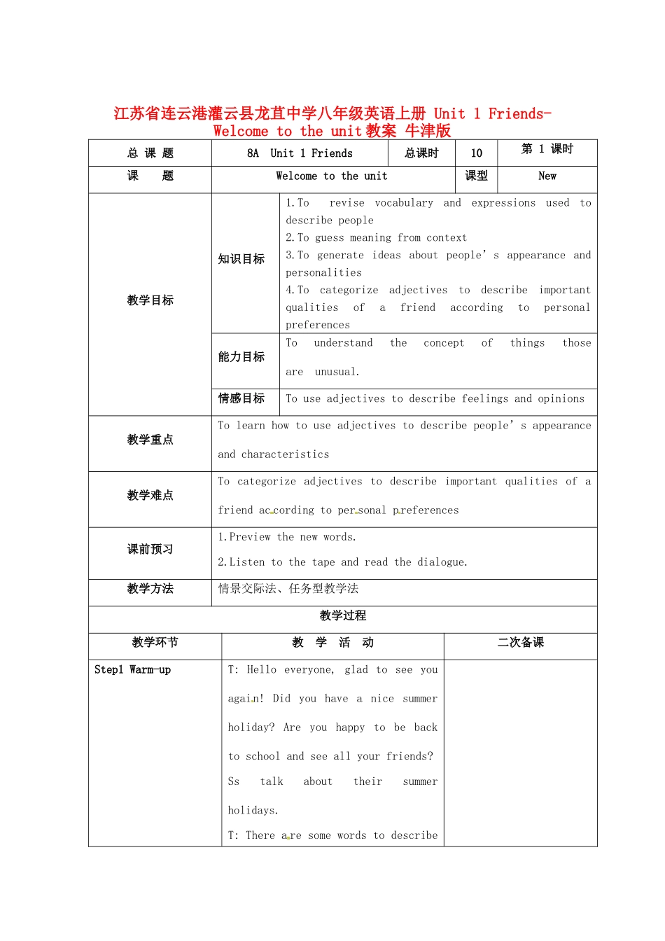 江苏省连云港灌云县龙苴中学八年级英语上册 Unit 1 Friends-Welcome to the unit教案 牛津版_第1页