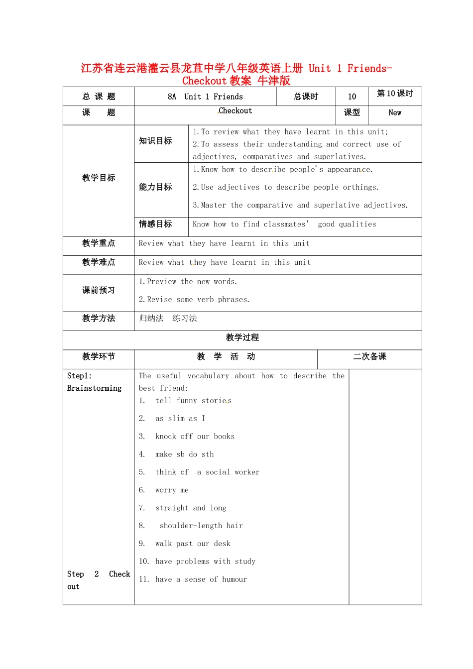 江苏省连云港灌云县龙苴中学八年级英语上册 Unit 1 Friends-Checkout教案 牛津版_第1页