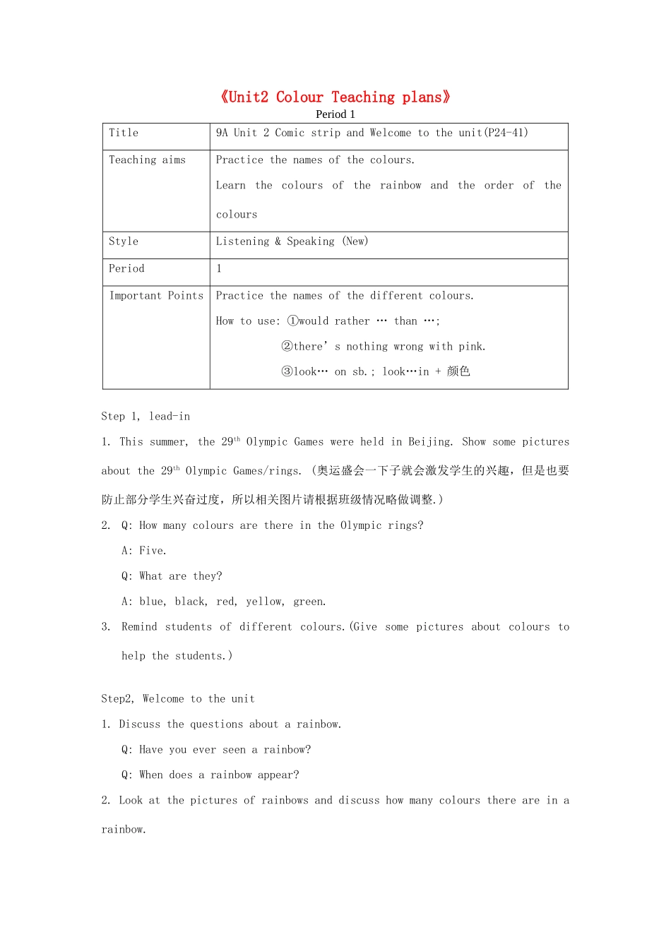 江苏省连云港市田家炳中学九年级英语上册《Unit2 Colour Teaching plans》教案 牛津版_第1页