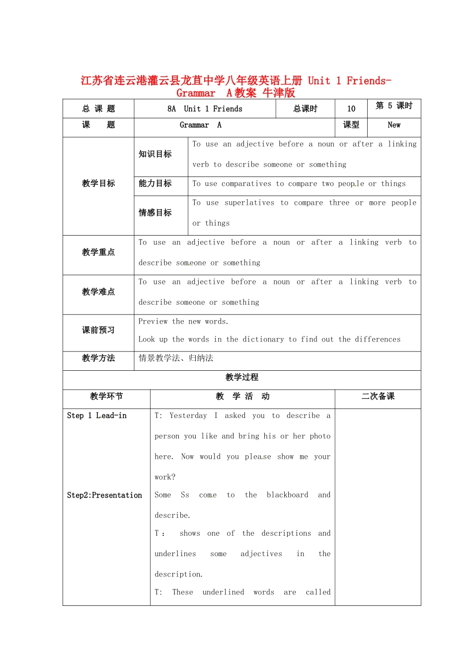江苏省连云港灌云县龙苴中学八年级英语上册 Unit 1 Friends-Grammar  A教案 牛津版_第1页