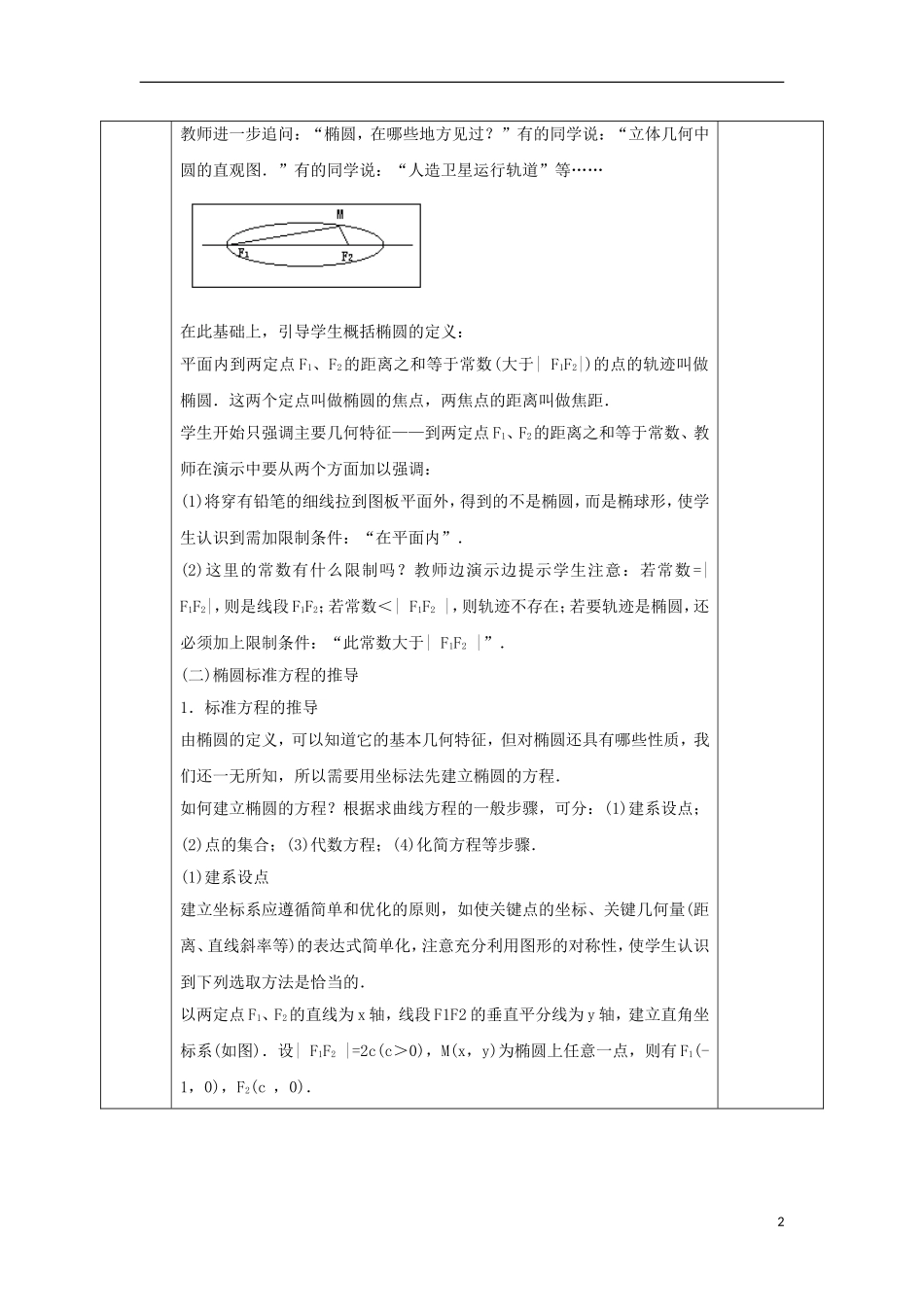 高中数学 第二章 圆锥曲线与方程 2.2.1 椭圆及其标准方程教案 新人教A版选修1-1-新人教A版高二选修1-1数学教案_第2页
