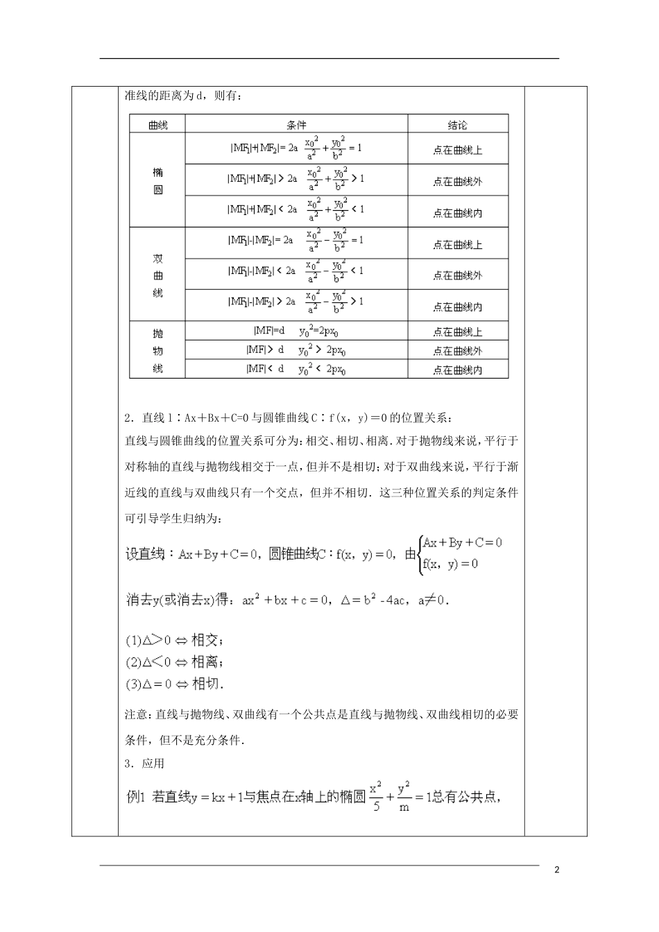 高中数学 第二章 圆锥曲线与方程 2.1 直线与圆锥曲线的位置关系教案 新人教A版选修1-1-新人教A版高二选修1-1数学教案_第2页