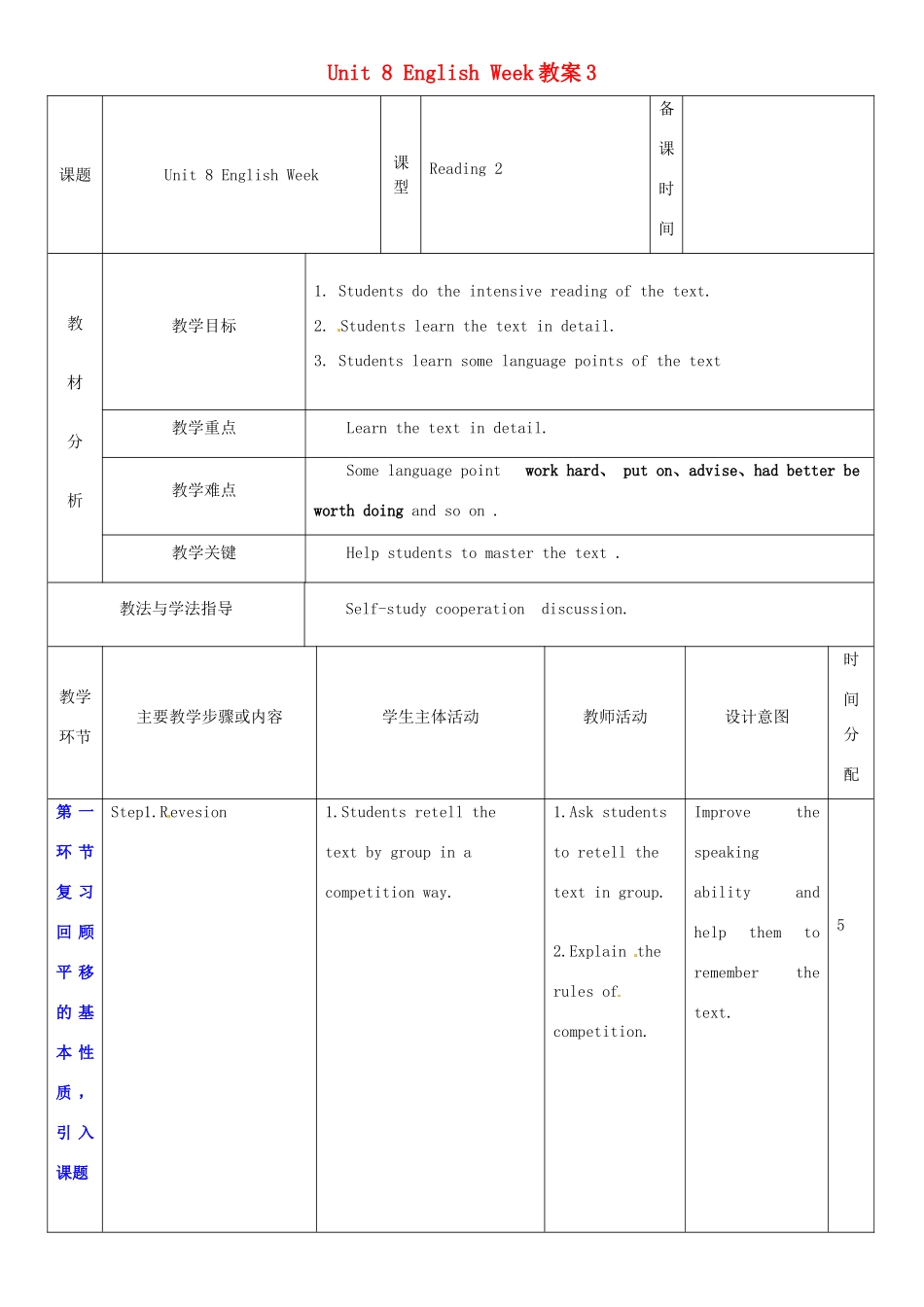 江苏省连云港市海滨中学八年级英语上册 Unit 8 English week（第3课时）教案 （新版）牛津深圳版_第1页