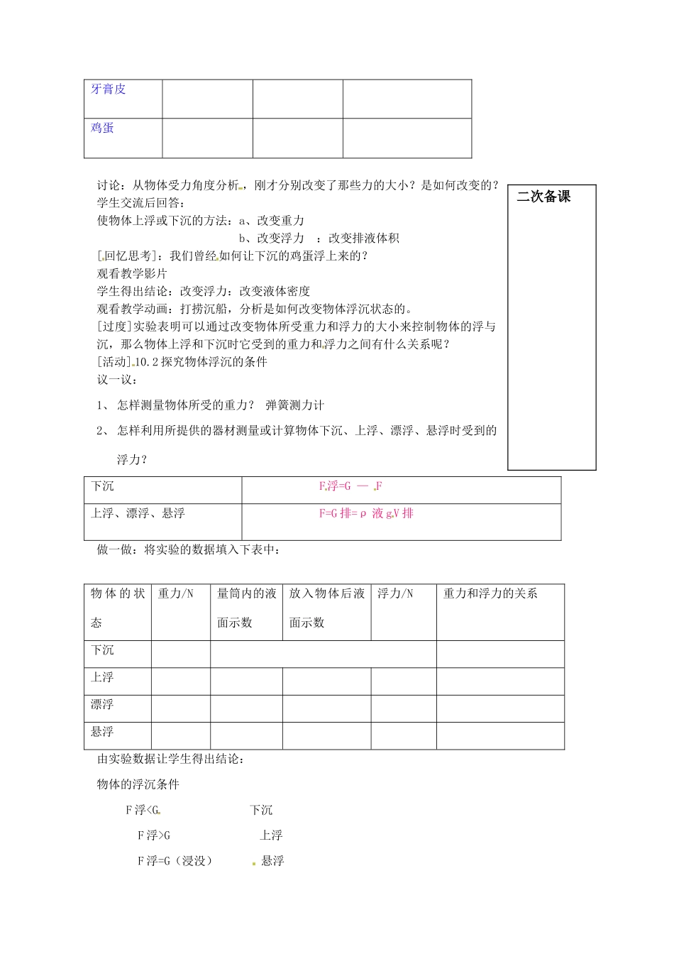 江苏省连云港市岗埠中学八年级物理下册《物体的浮与沉》教案 新人教版_第2页