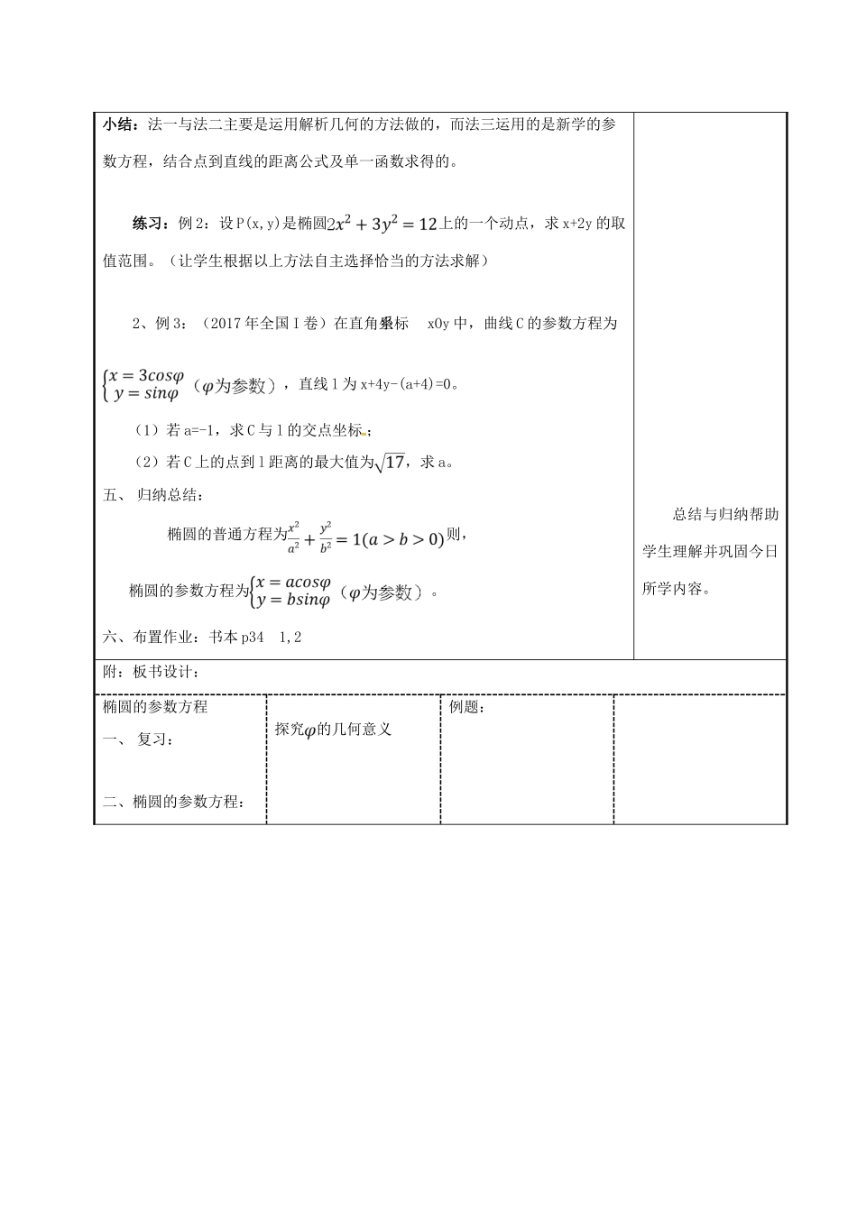 高中数学 第二章 参数方程 2.3.1 椭圆的参数方程教案 新人教A版选修4-4-新人教A版高二选修4-4数学教案_第3页