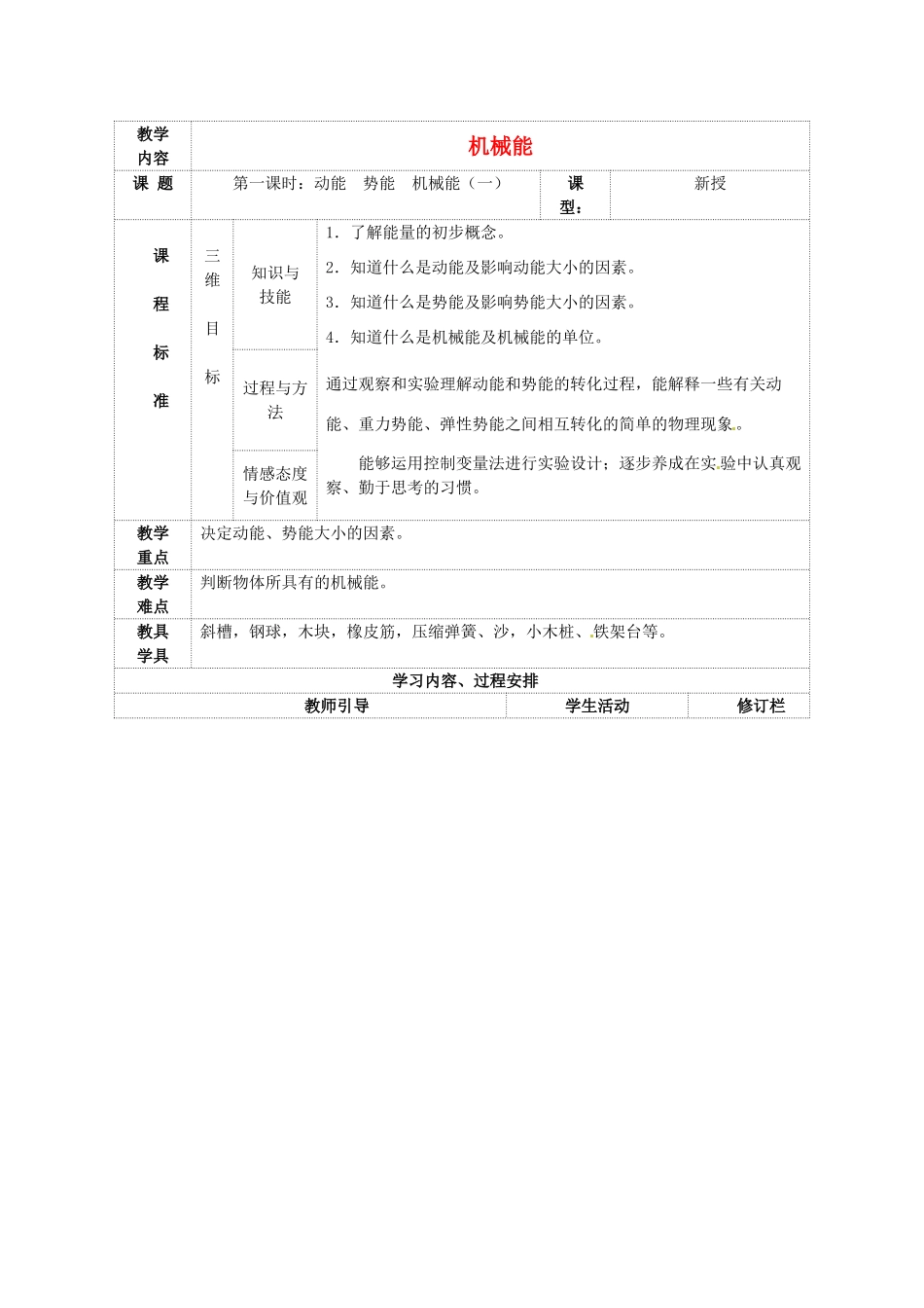 江苏省连云港市岗埠中学九年级物理上册 机械能教案1 苏科版_第1页