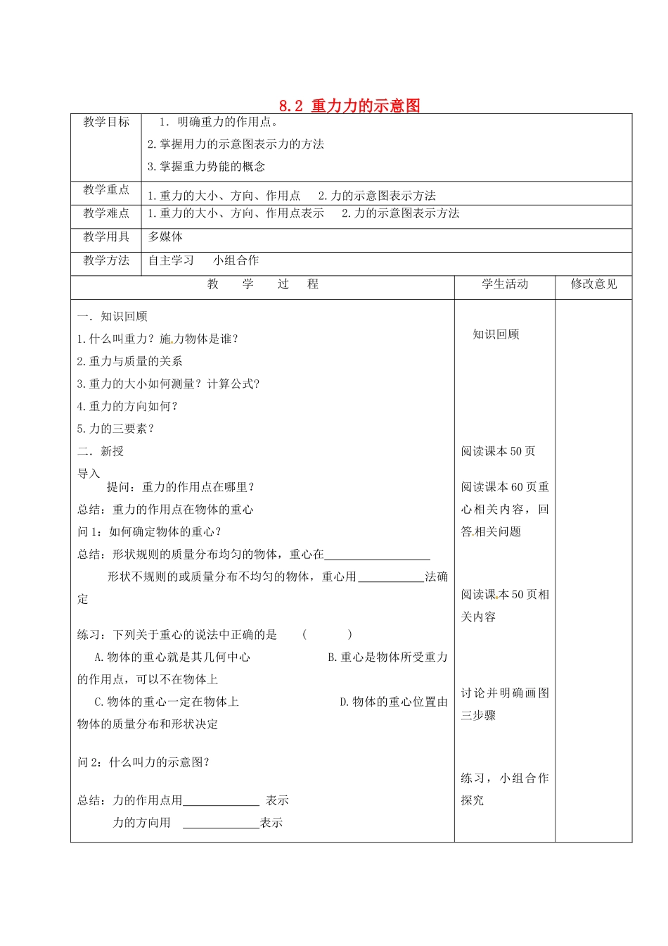 江苏省连云港市东海县实验中学八年级物理下册 8.2 重力力的示意图教案2 苏科版_第1页