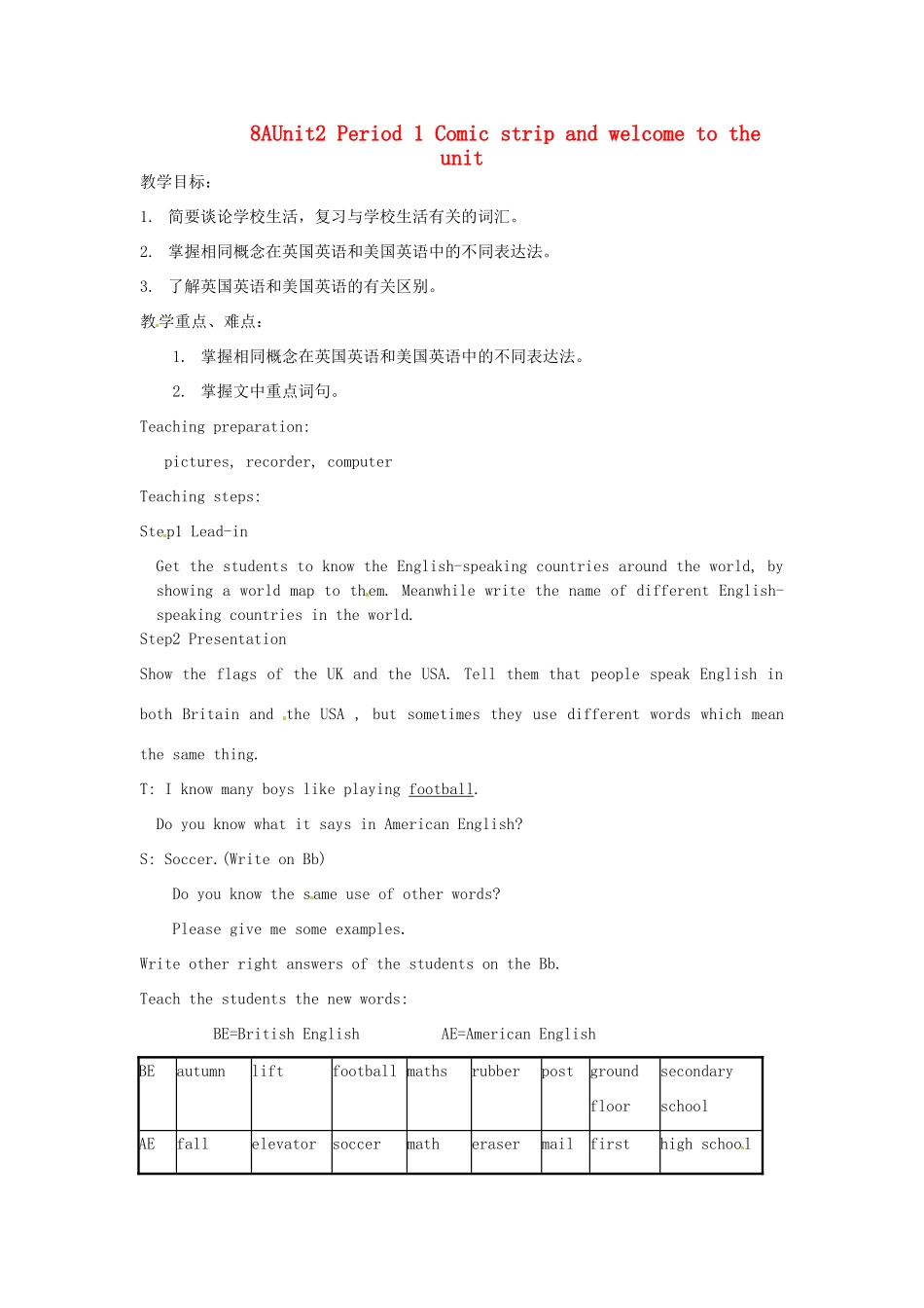 江苏省苏州市蓝缨学校八年级英语上册 Unit2 Period1Comicstripandwelcometotheunit教案 苏教版_第1页
