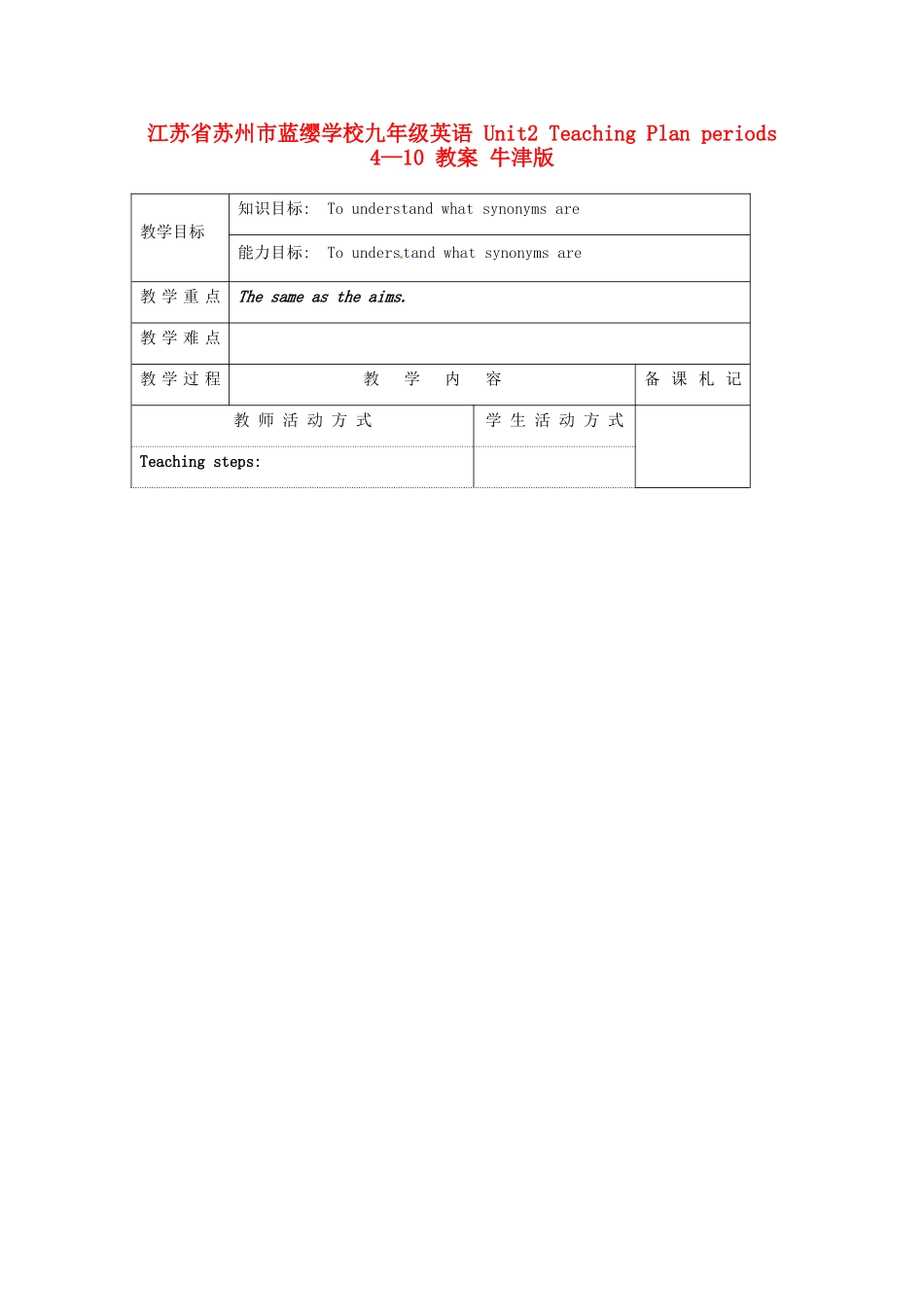 江苏省苏州市蓝缨学校九年级英语 Unit2 Teaching Plan periods 4—10 教案 牛津版_第1页