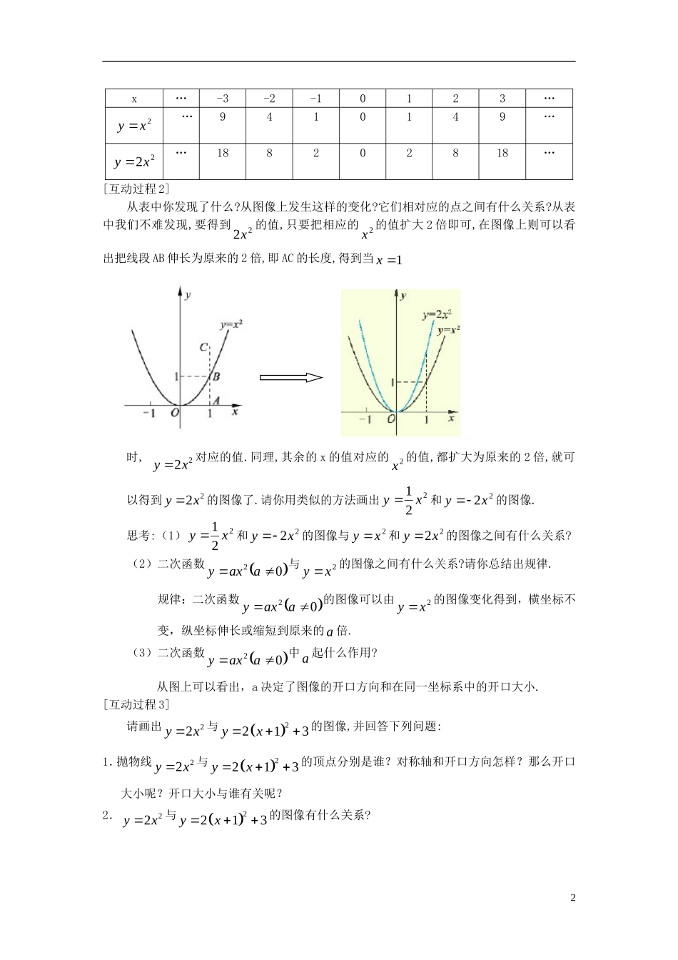 高中数学 第二章 函数 2.4 二次函数性质的再研究 2.4.1 二次函数的图像教案3 北师大版必修1-北师大版高一必修1数学教案_第2页