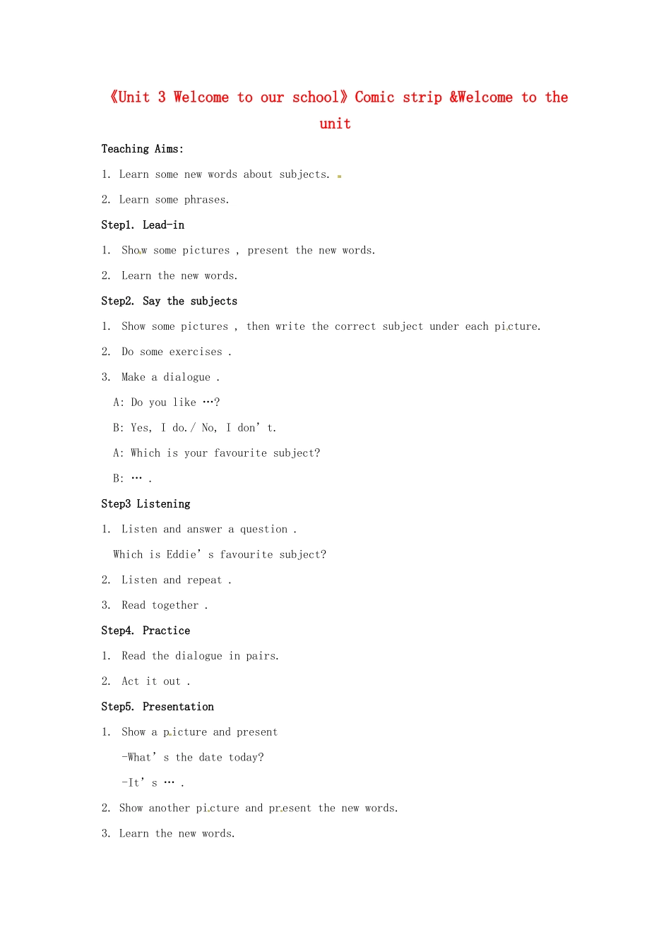江苏省苏州市蓝缨学校七年级英语上册《Unit 3 Welcome to our school》Comic strip &Welcome to the unit教案 （新版）牛津版_第1页