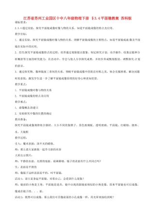 江苏省苏州工业园区十中八年级物理下册 §3.4平面镜教案 苏科版
