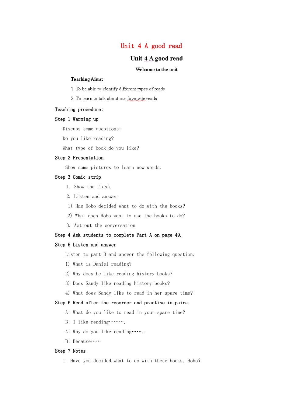 江苏省盐城市永丰初级中学八年级英语下册 Unit 4 A good read教案 （新版）牛津版_第1页