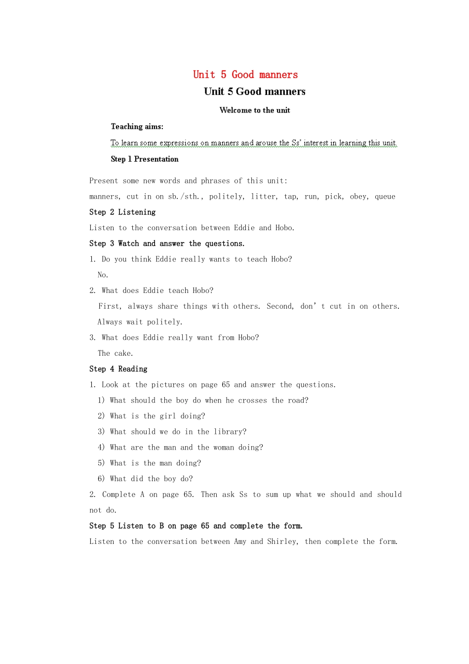 江苏省盐城市永丰初级中学八年级英语下册 Unit 5 Good manners教案 （新版）牛津版_第1页