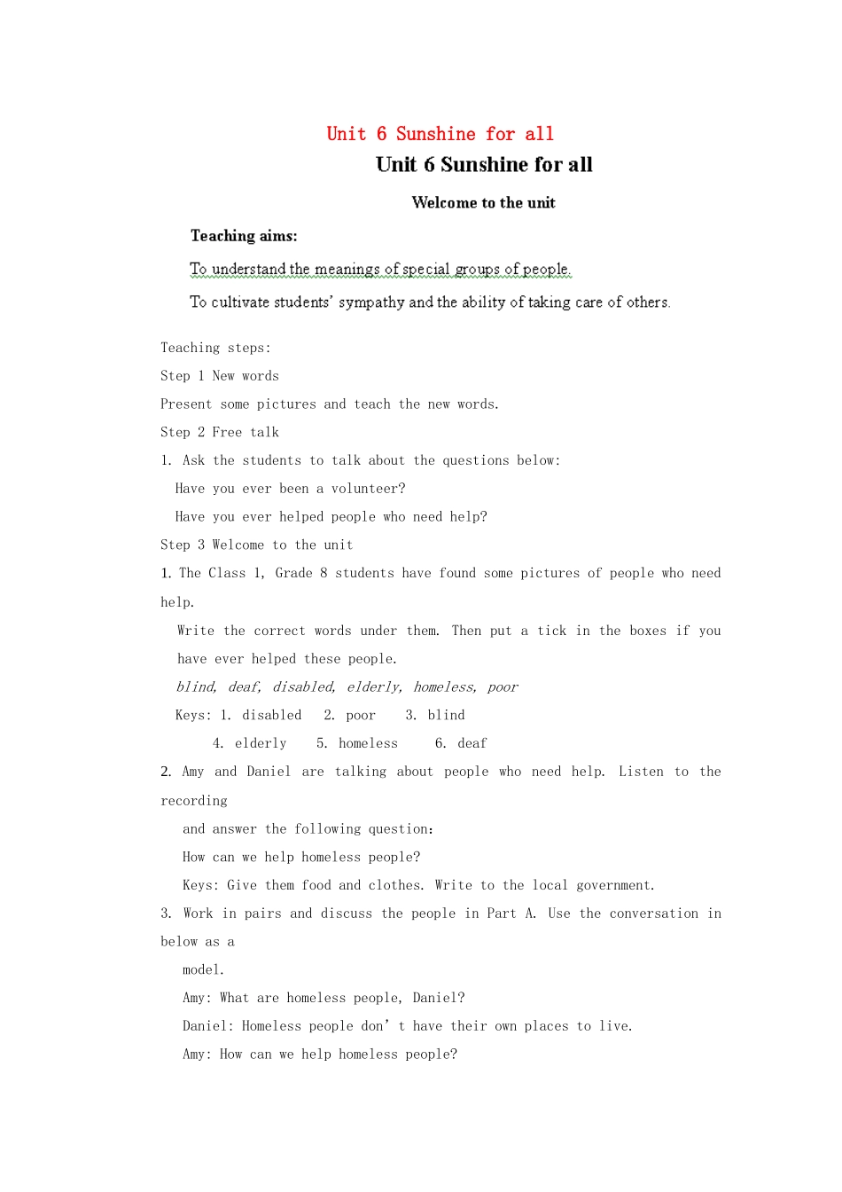 江苏省盐城市永丰初级中学八年级英语下册 Unit 6 Sunshine for all教案 （新版）牛津版_第1页