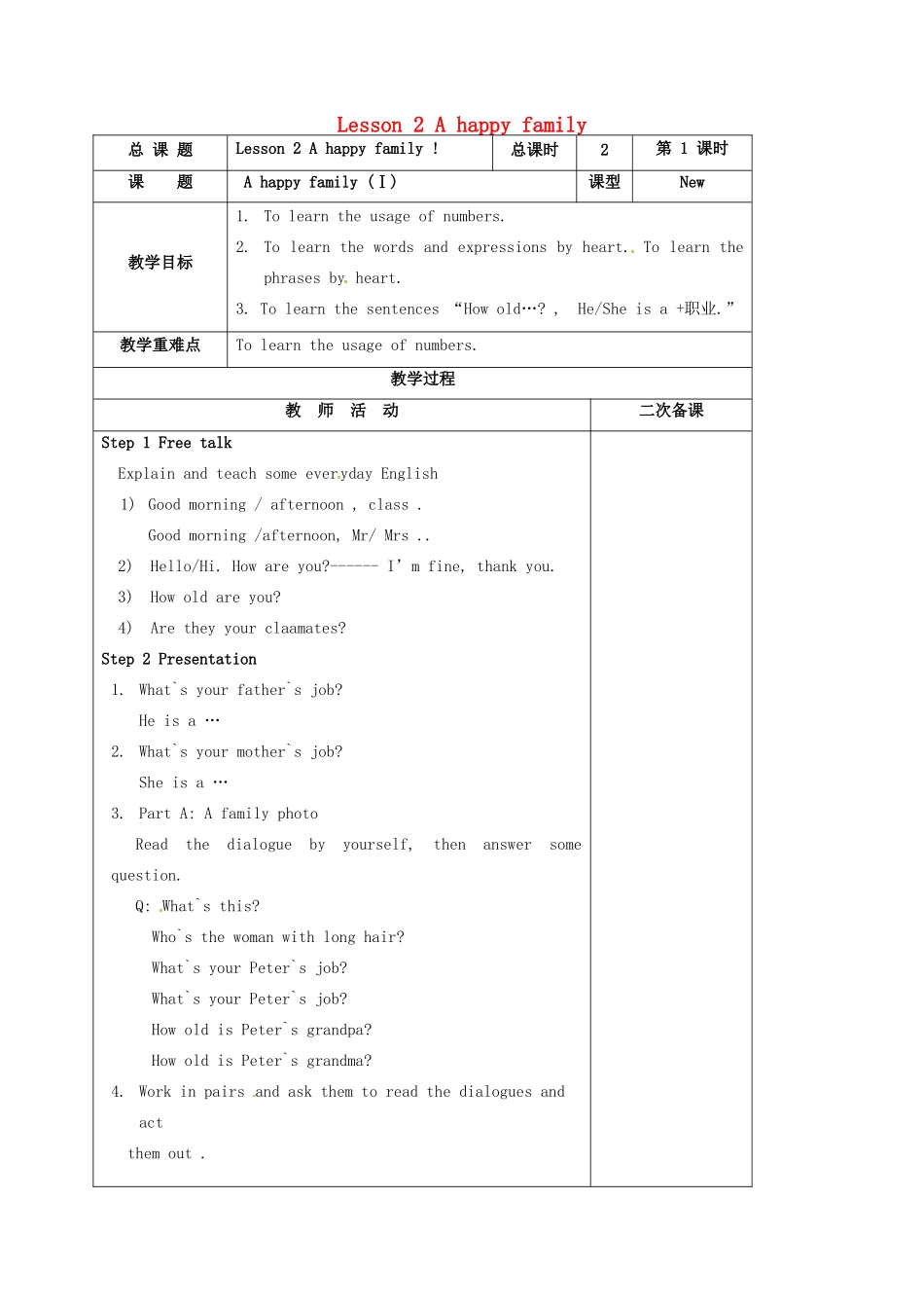 江苏省盐城市亭湖新区七年级英语上册 lesson 2 A happy family教案（1）（新版）牛津版-（新版）牛津版初中七年级上册英语教案_第1页