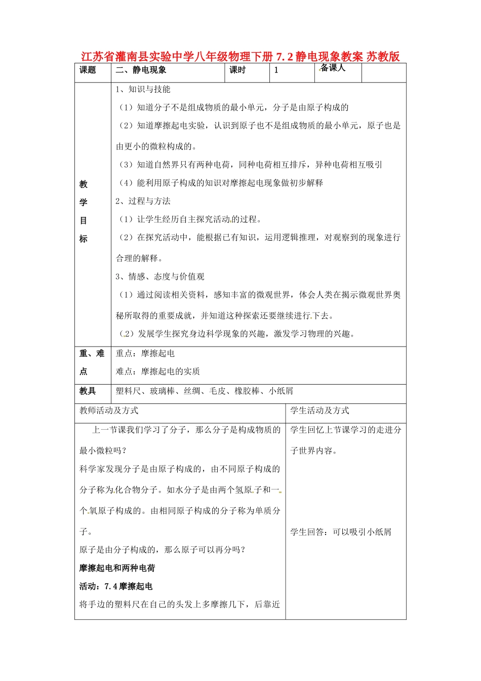 江苏省灌南县实验中学八年级物理下册 7.2静电现象教案 苏教版_第1页