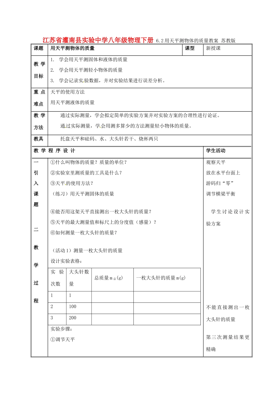 江苏省灌南县实验中学八年级物理下册 6.2用天平测物体的质量教案 苏教版_第1页