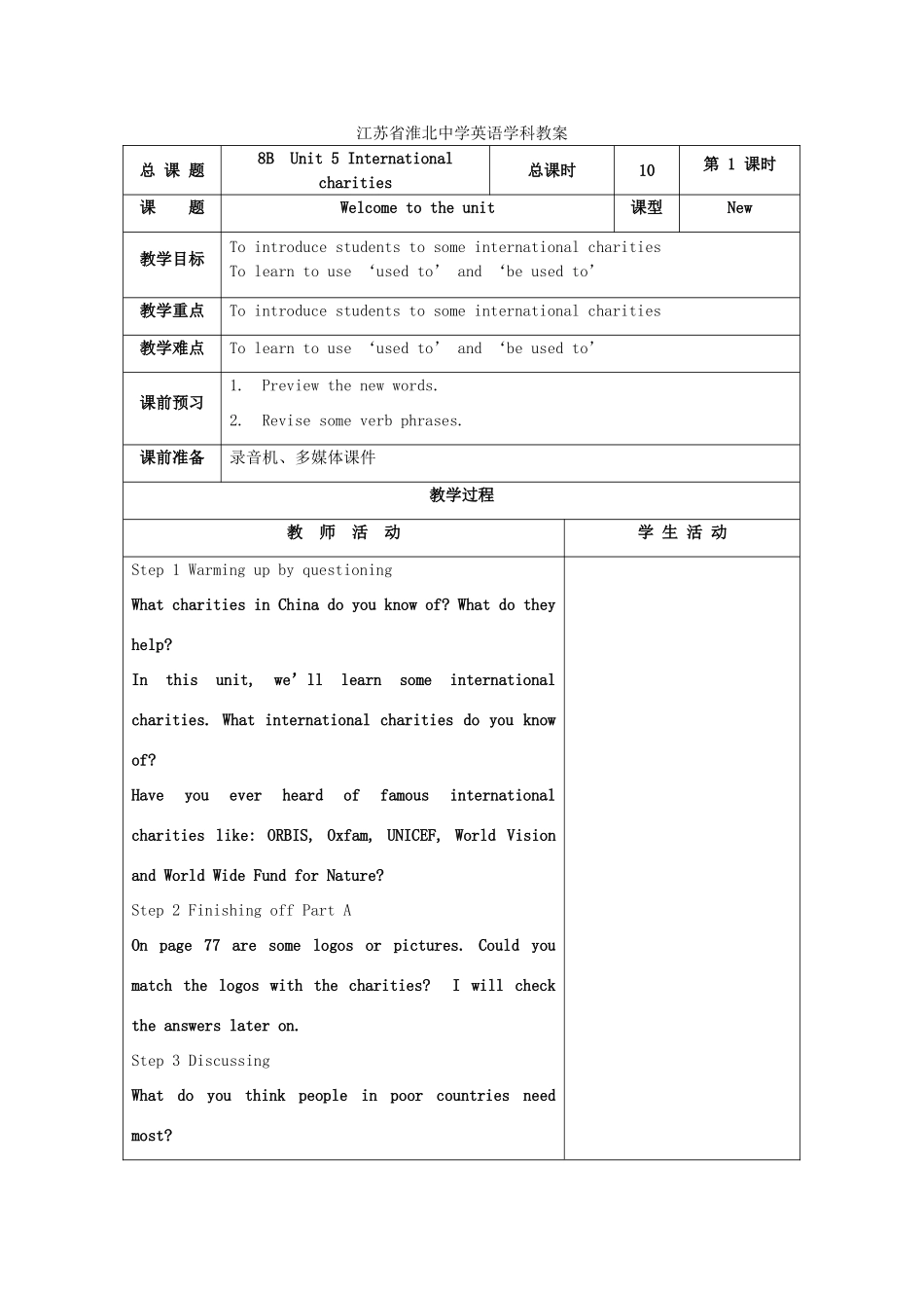 江苏省淮北中学八年级英语下册 Unit 5International charities教案 牛津译林版_第1页